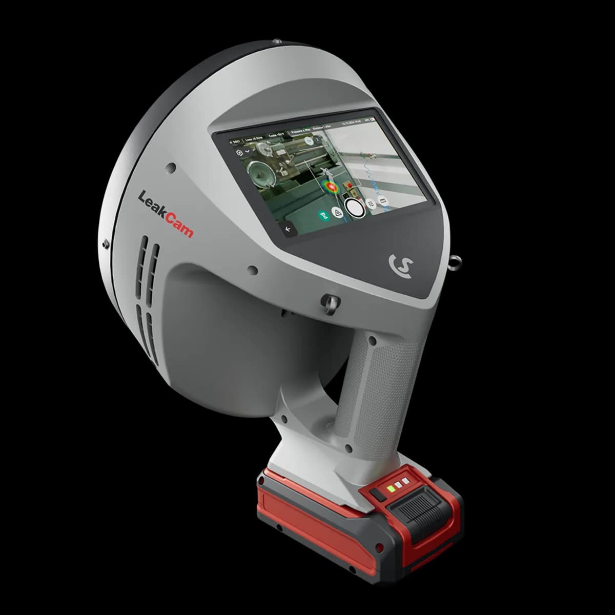 Akustikkamera LeakCam 600 von CS Instruments mit Display, das eine Leckage als Farbfleck im Kamerabild zeigt