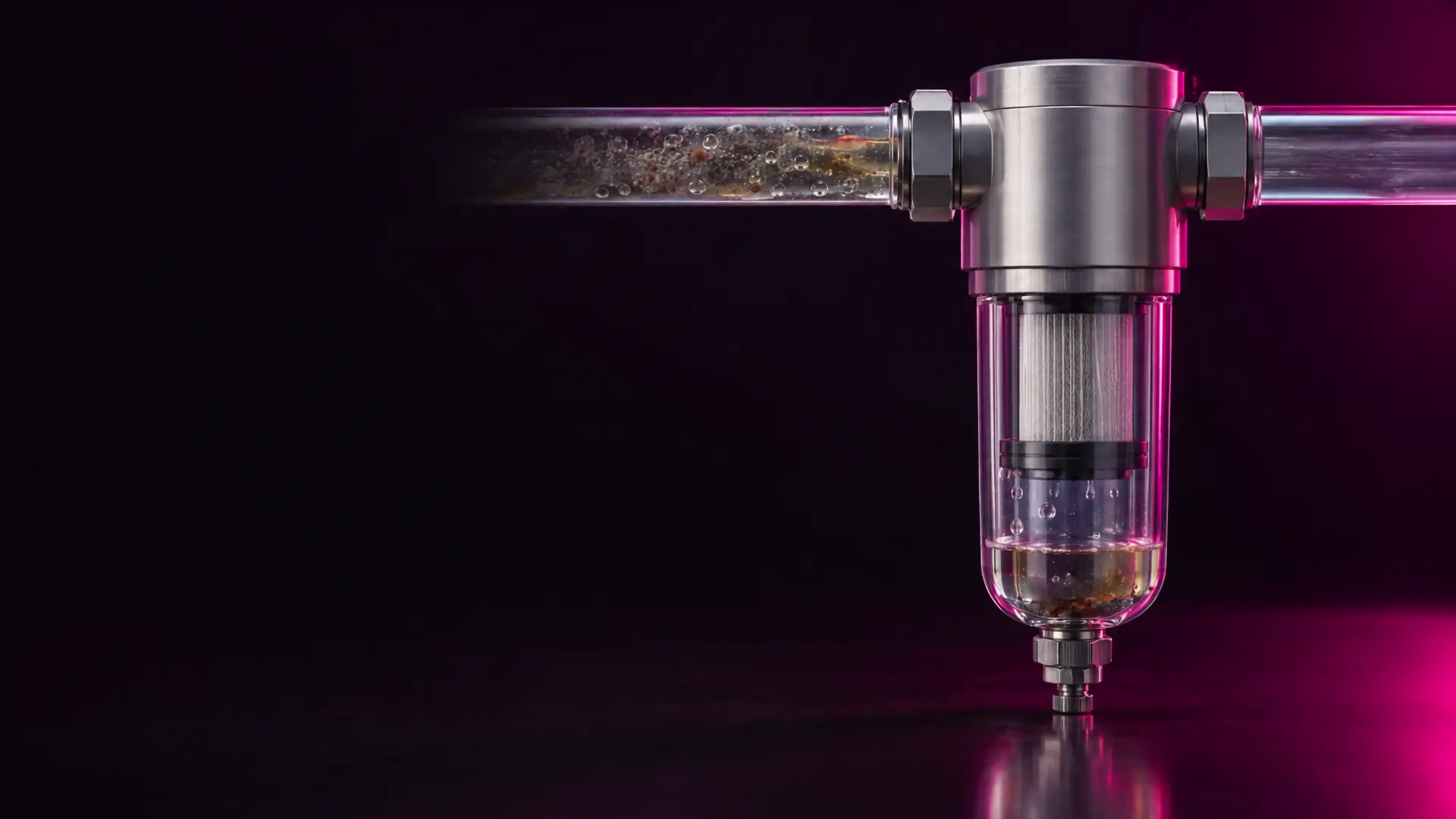 Visualisierung: verschmutzte Druckluft mit Partikeln, Wassertropfen und Ölnebel strömt durch ein Glasrohr in ein Druckluftfilter