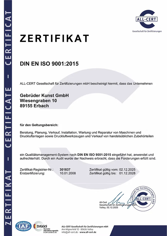 DIN EN ISO 9001:2015 Zertifikat — Gebrüder Kunst GmbH